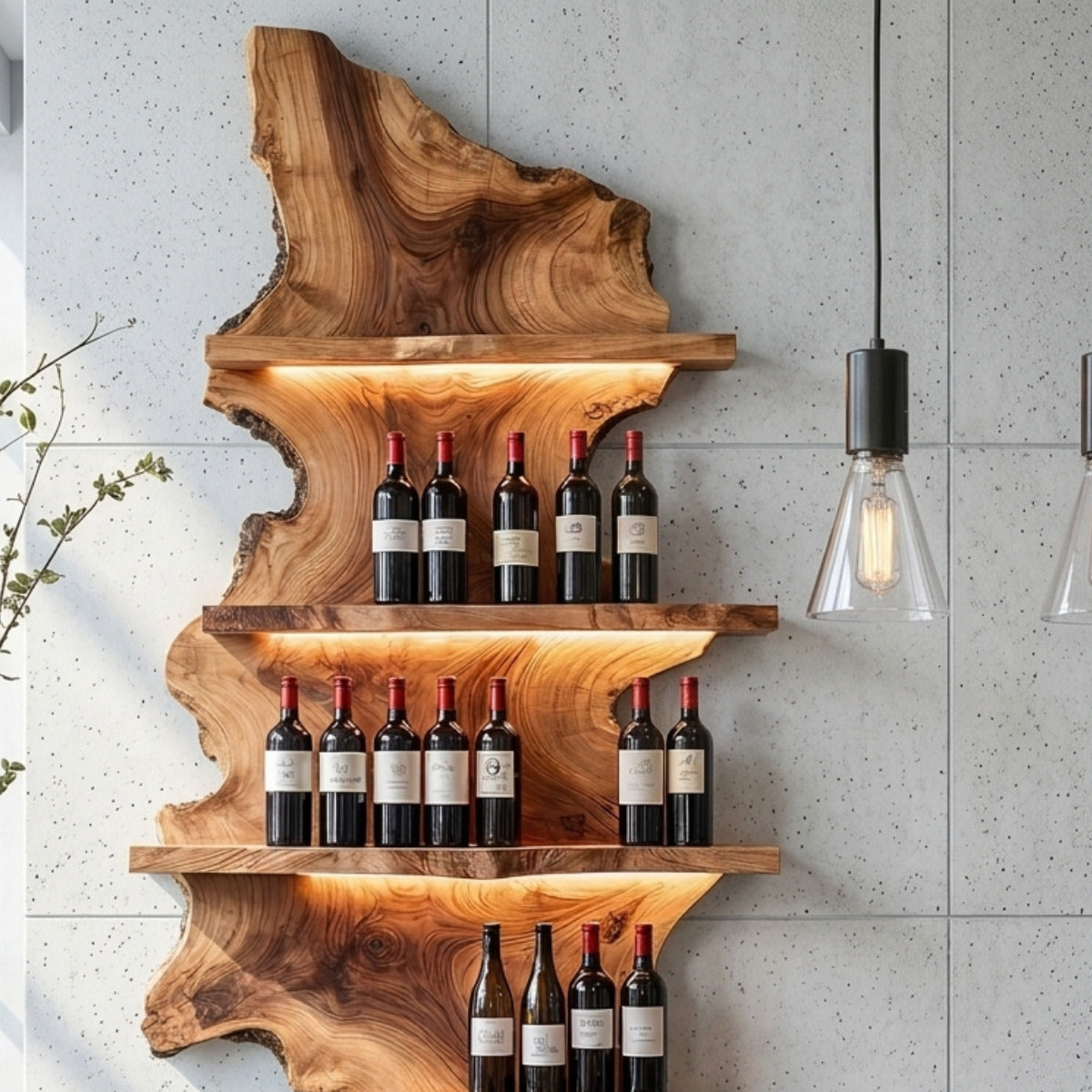 Modern massief houten wijnrek met natuurlijke boomrand
