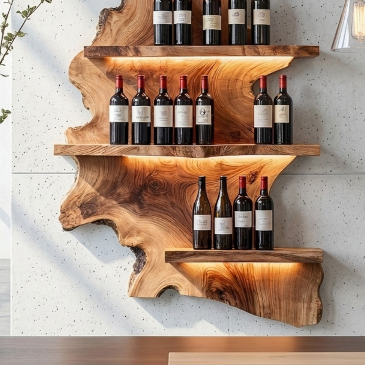 Ambachtelijk houten wijndisplay met sculpturaal ontwerp