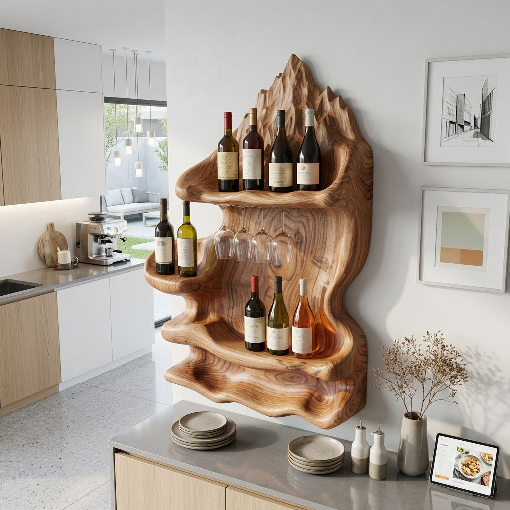 Handgesneden massief houten wijnrek met flessen- en glazenrek in moderne keuken