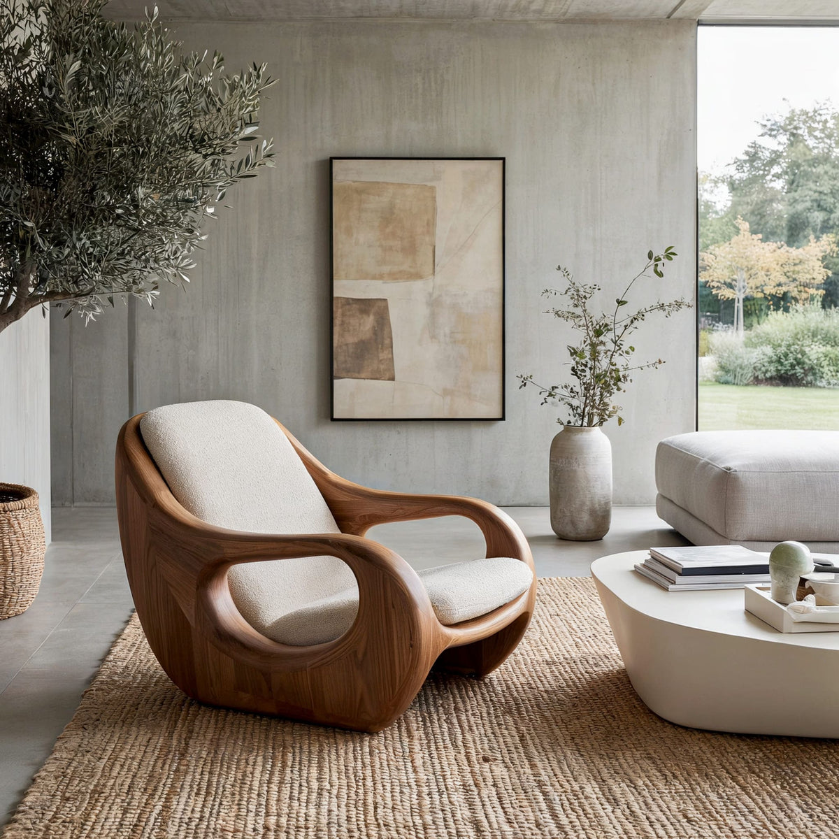 Artistieke sculpturale houten loungestoel vervaardigd uit eersteklas massief hout
