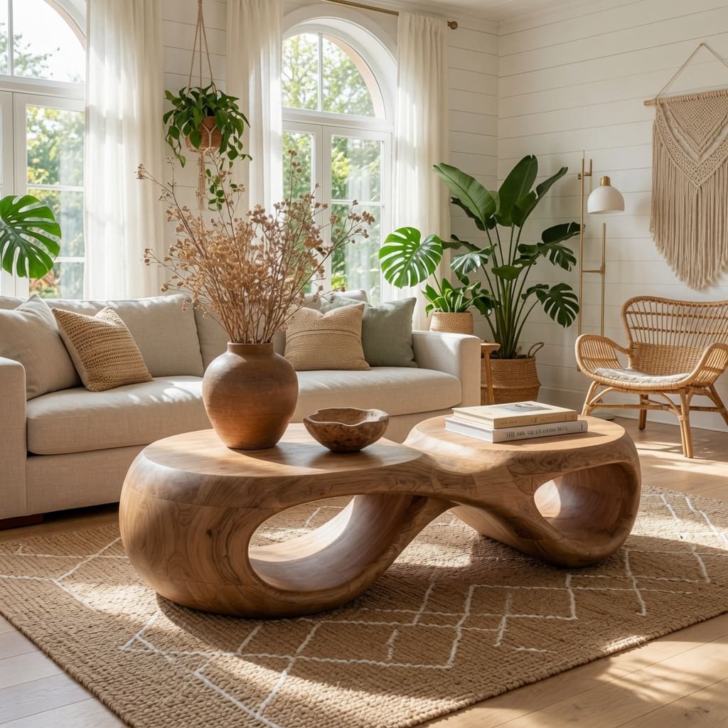 Organische hardhouten salontafel in een minimalistisch woonkamerinterieur