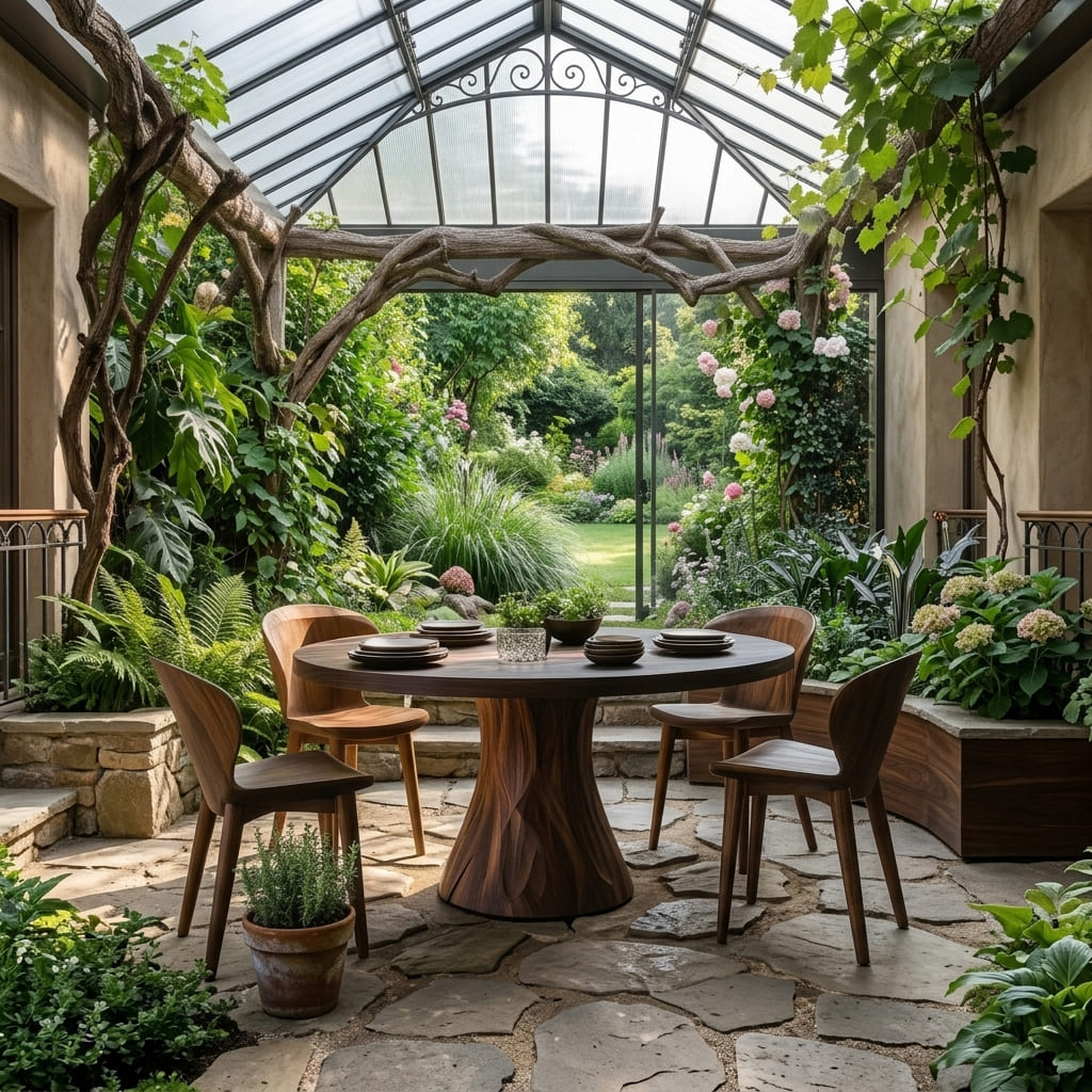 Handgemaakte ronde massief houten tafel voor dineren in de tuin en op het terras