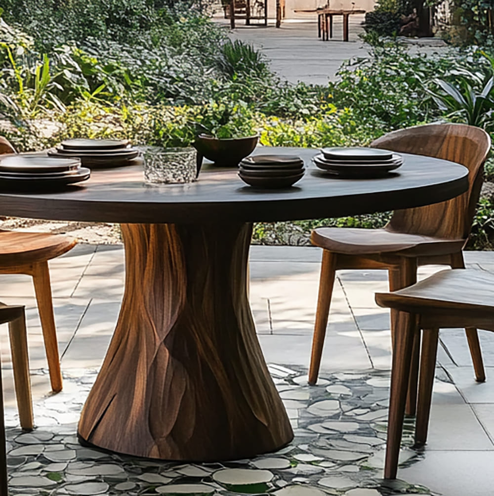 Organische massief houten eettafel met handgemaakt rond ontwerp voor buiten