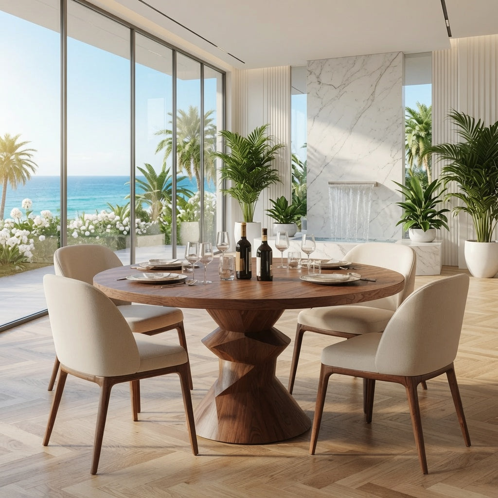 Ambachtelijke sculpturale eettafel als middelpunt van een luxe eetkamer