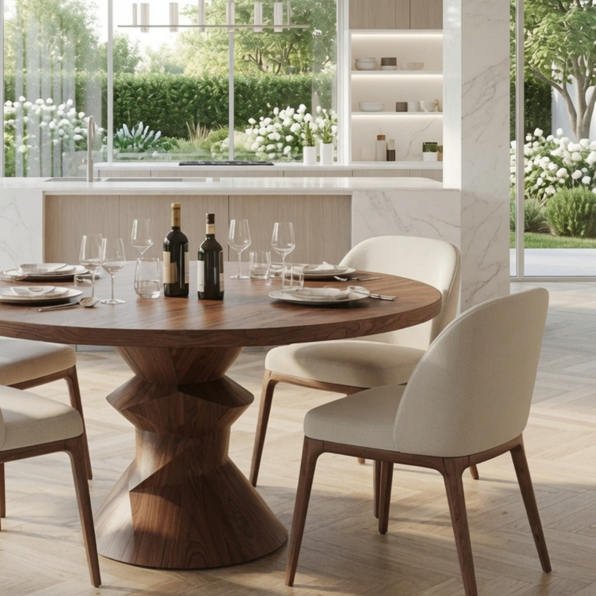 Ronde eettafel met sculpturale zuilvoet van massief hout