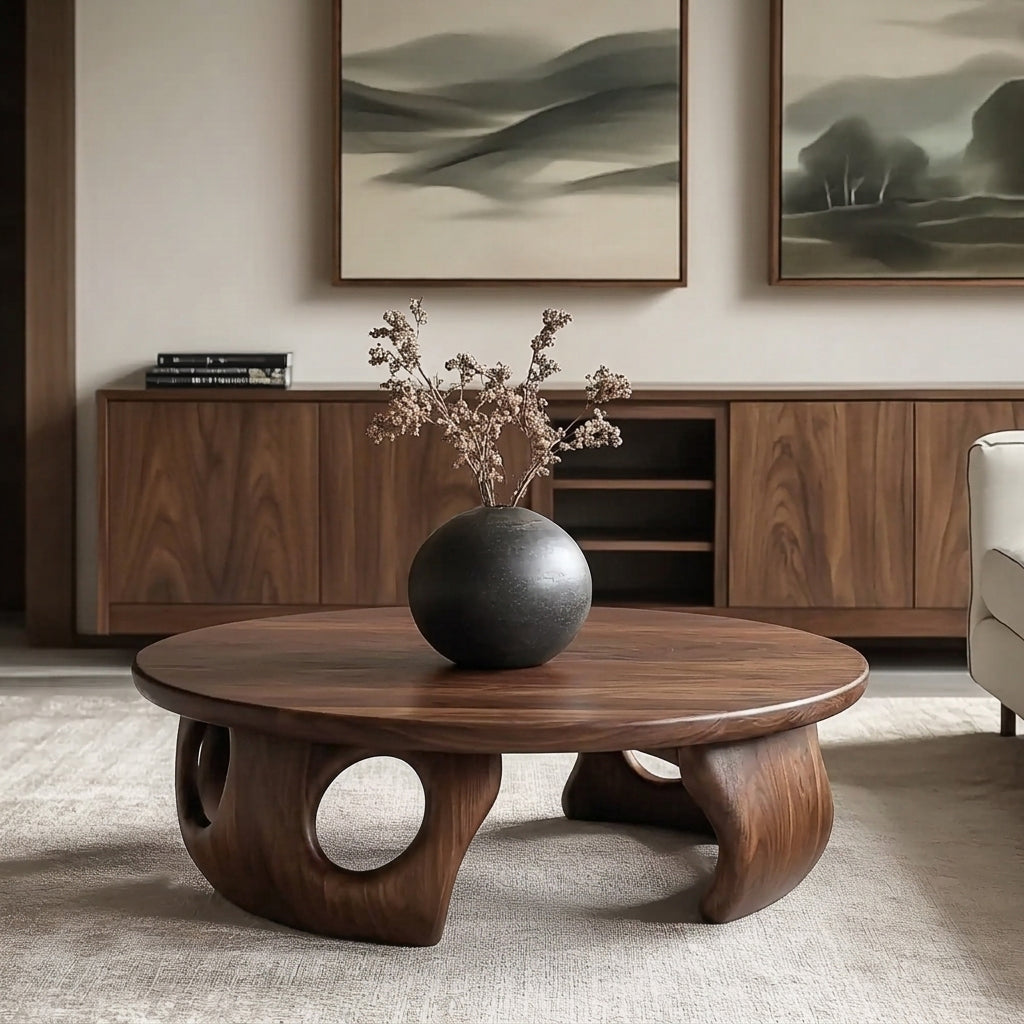 Sculpturale ronde salontafel van massief hout in Japandi stijl