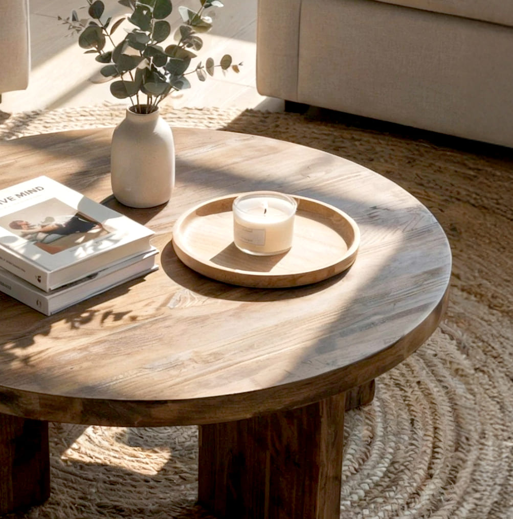 Organisch moderne ronde salontafel van handgemaakt massief hout