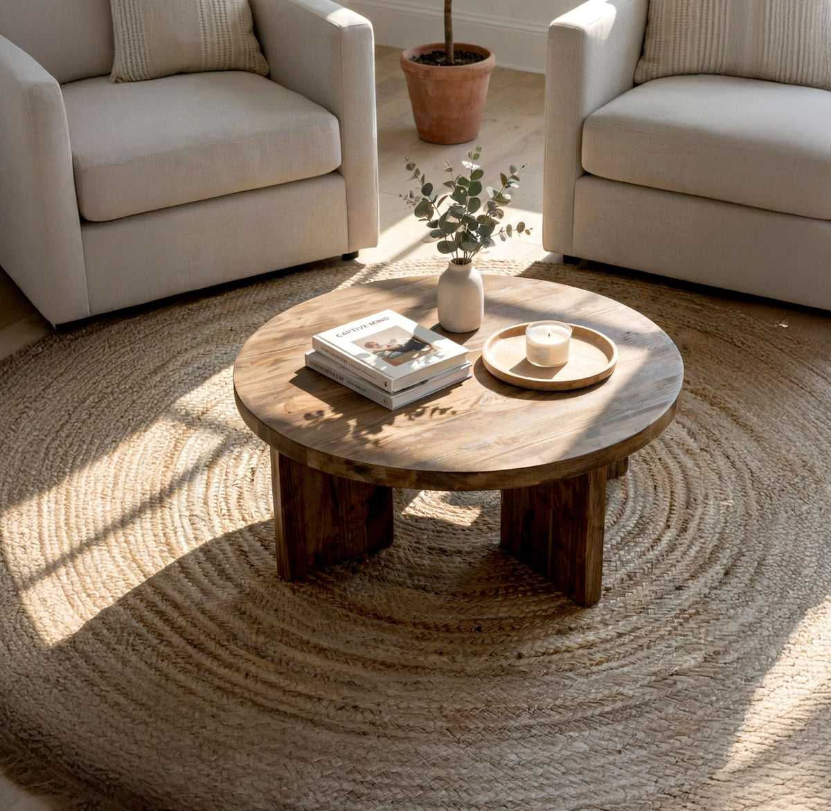 Sculpturale ronde salontafel van massief hout in Japandi stijl