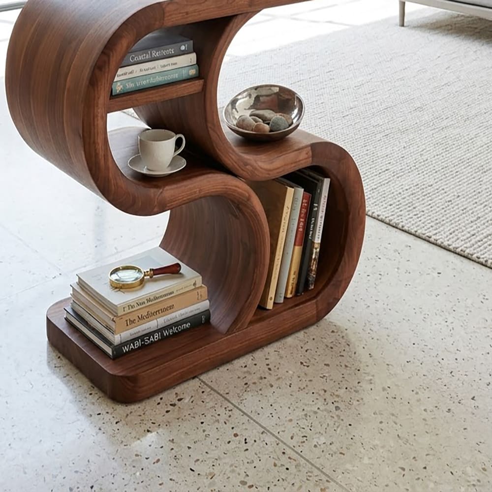 S-vormige massief houten accenttafel met open displayschappen