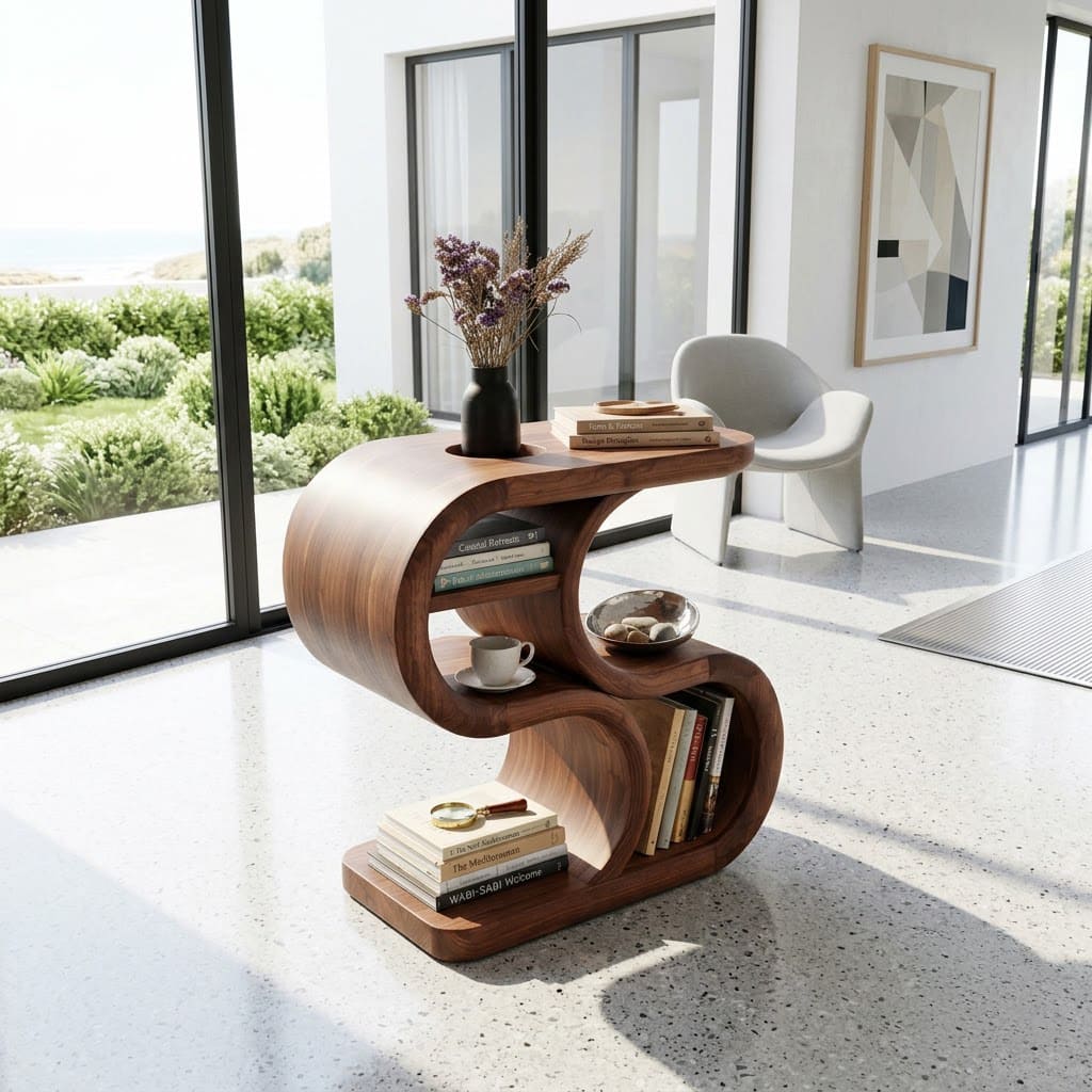 Sculptural solid wood accent shelf with a curved multi-tier design for modern home decor