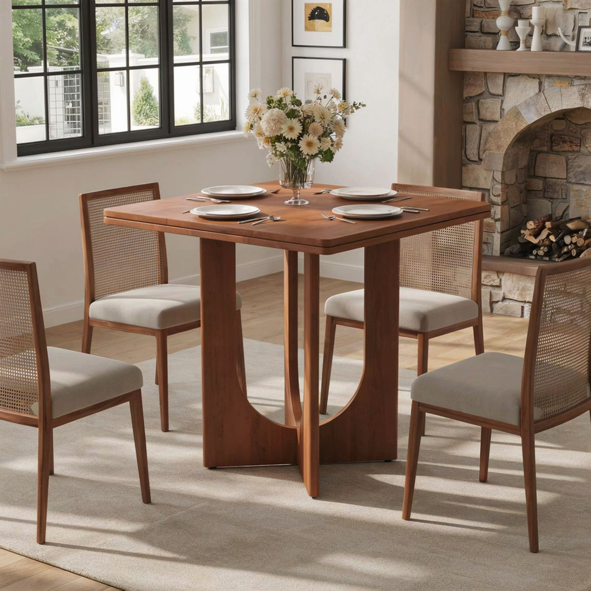 Sculpturale massief houten eettafel met boogonderstel van eersteklas hardhout