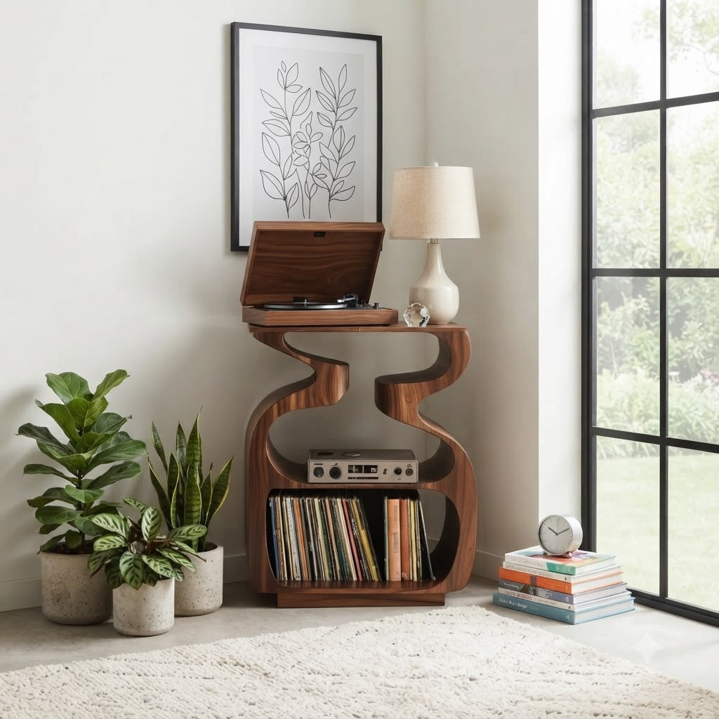 Sculpturale S-boog platenspeler standaard van massief hout