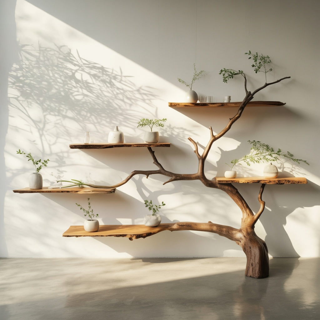 Boomboekenplank wandinstallatie met groene plantjes in een zonnige kamer
