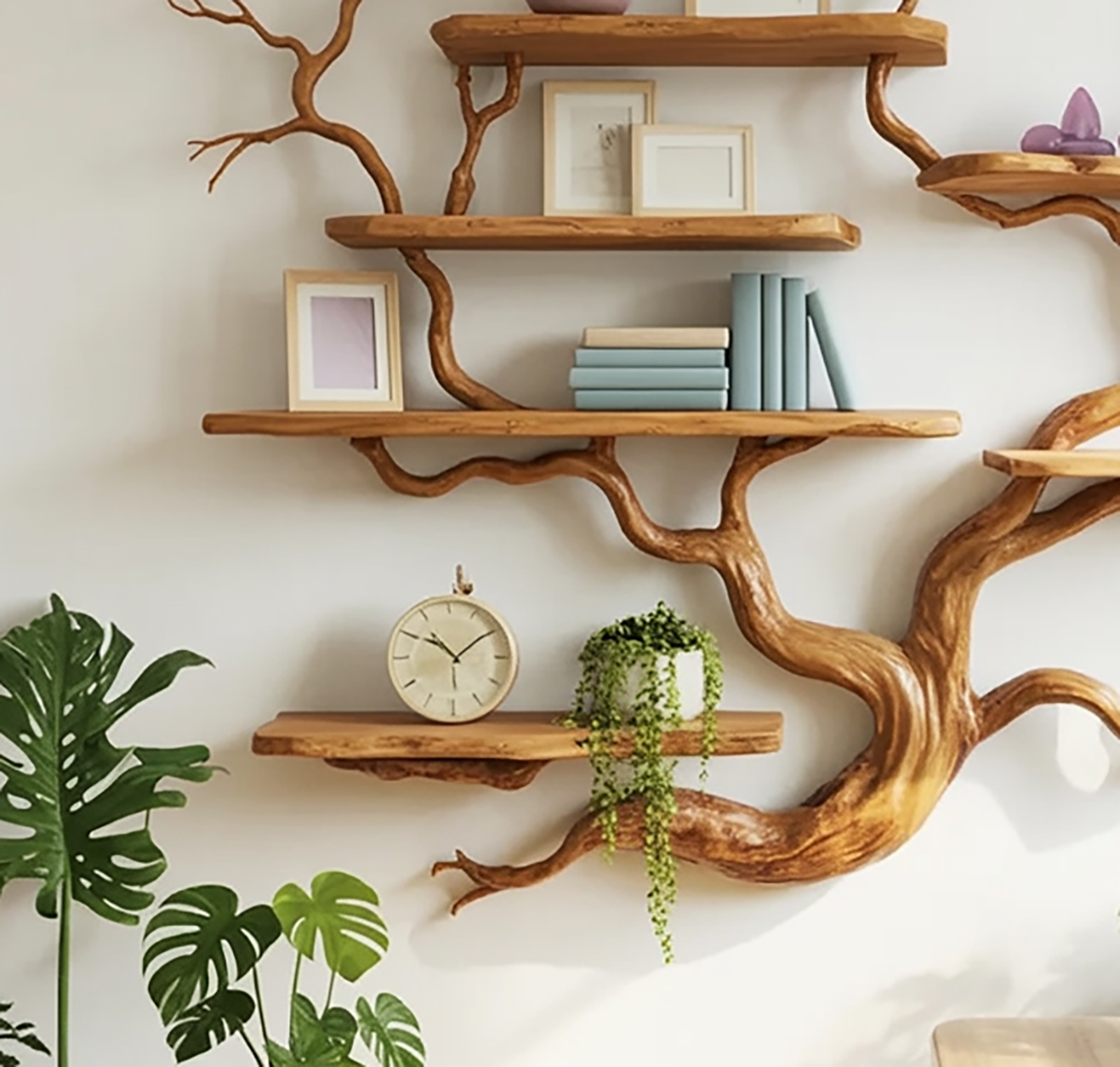 Wandgemonteerde boomboekenplank met fotolijsten en klok boven een bureau