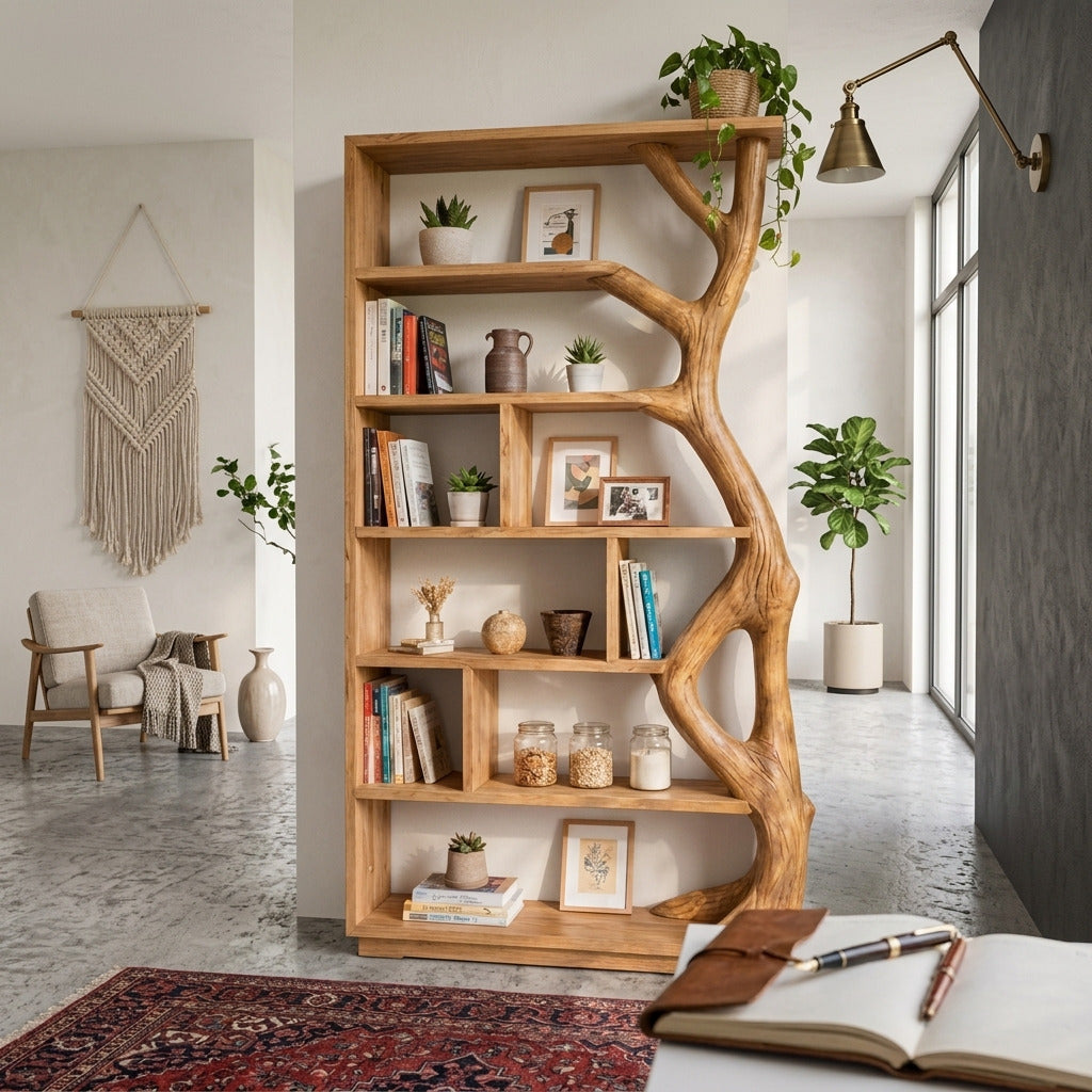 Sculpturale boomtak boekenkast van massief hout