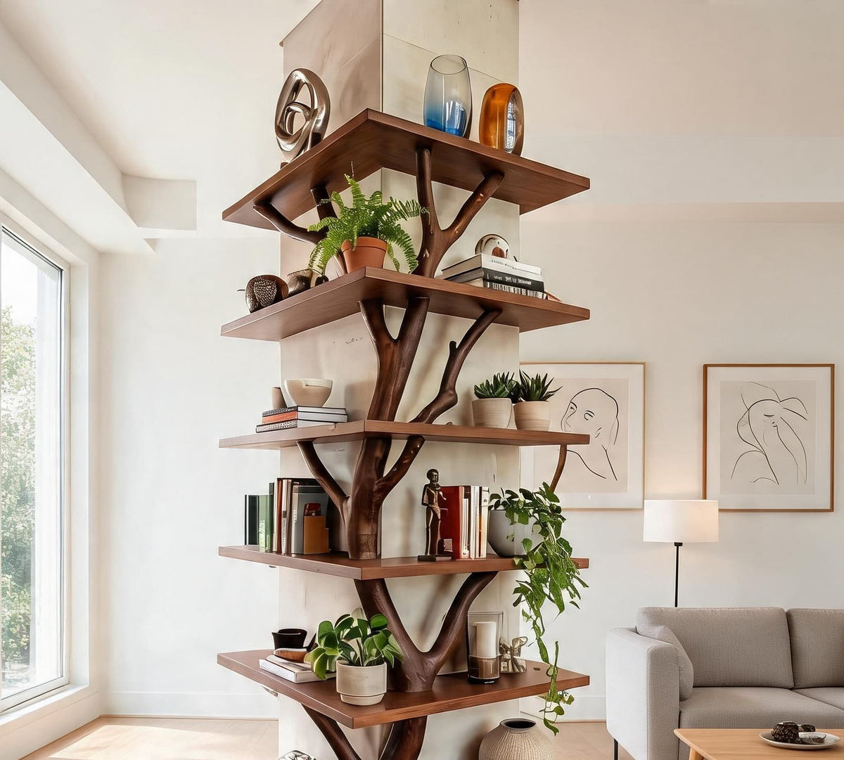 Sculpturaal houten boomrek met organisch ontwerp
