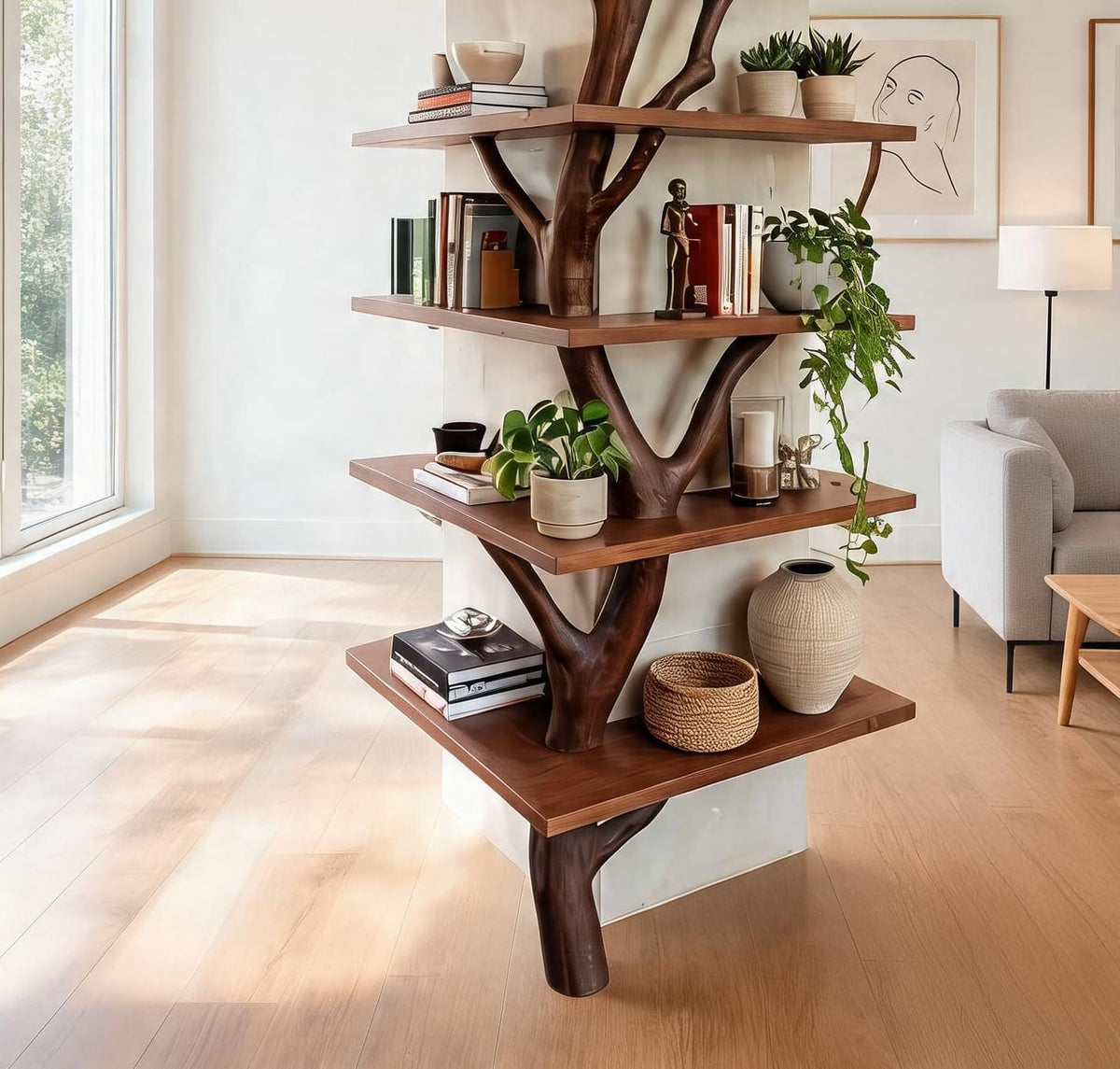 Sculpturale boomtak boekenkast van massief hout