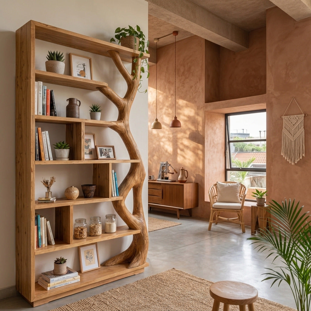 Sculpturale massief houten boomboekenkast in moderne woonkamer