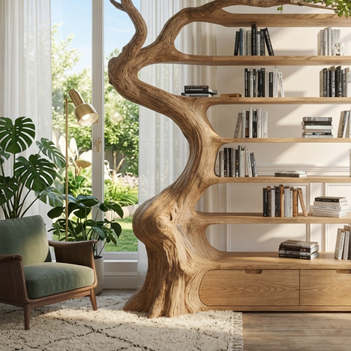 Organische boomtak boekenkast gemaakt van natuurlijk hardhout