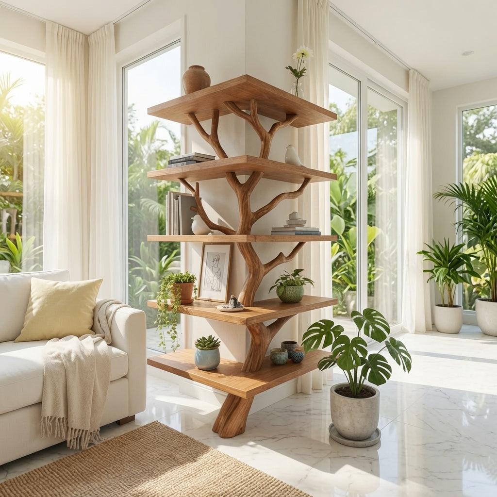 Sculpturale boomtak hoekplank van massief hout