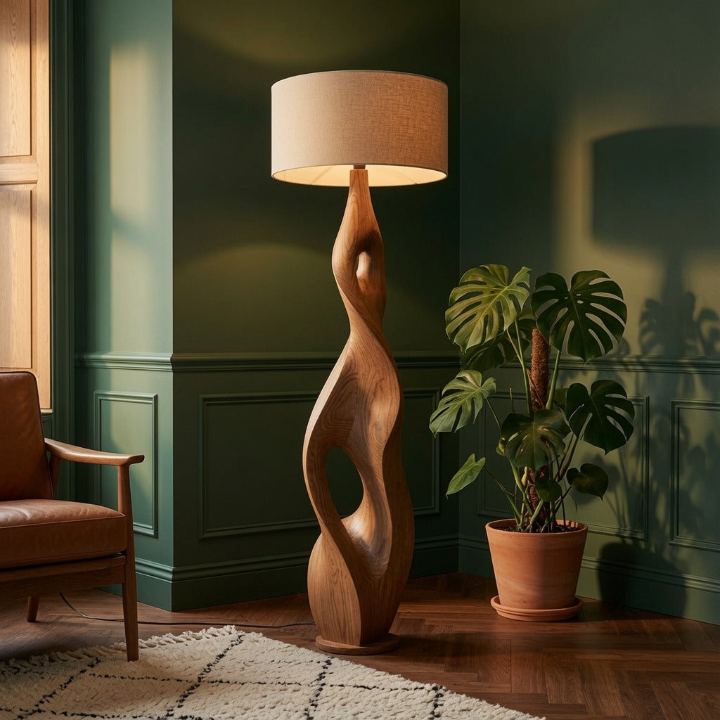 Artistieke sculpturale houten lamp in een luxe lounge