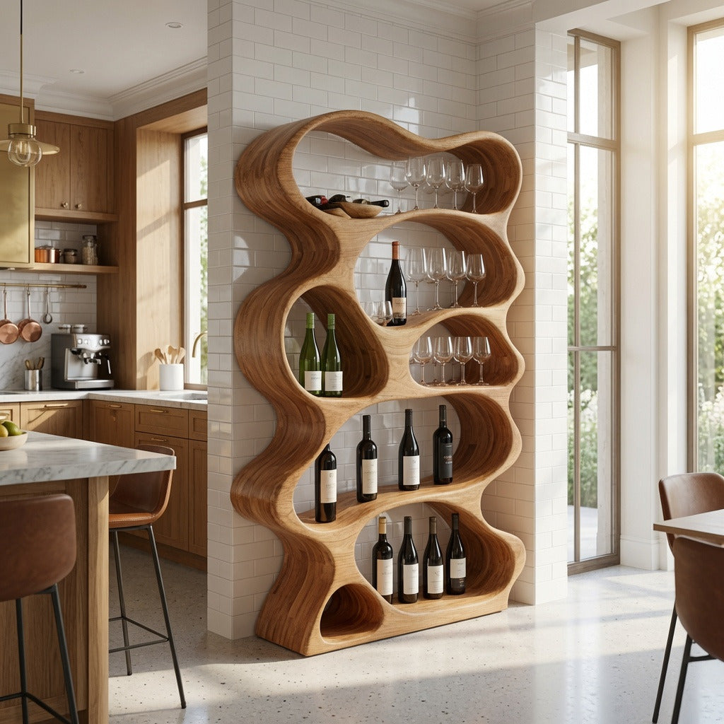 Sculpturaal golf boomrand wijnrek van massief hout in een moderne keuken