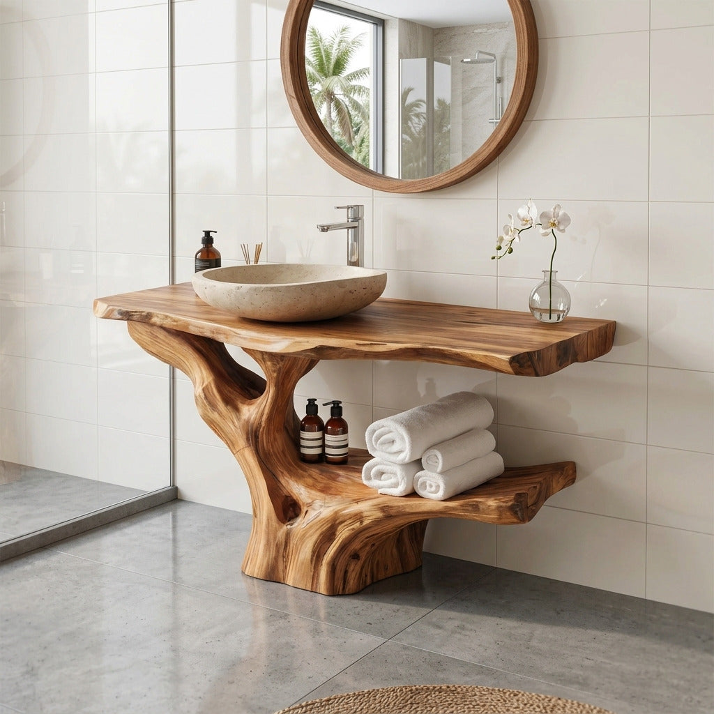 Handgemaakt houten badkamermeubel voor een spa-geïnspireerd interieur