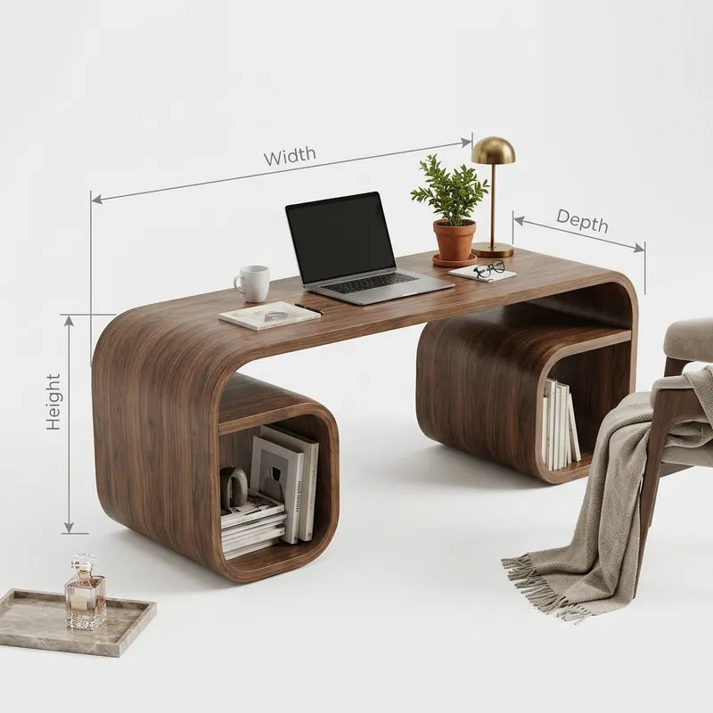 Gebogen Houten Brugbureau - Massief Hout Werkplek met Vakken