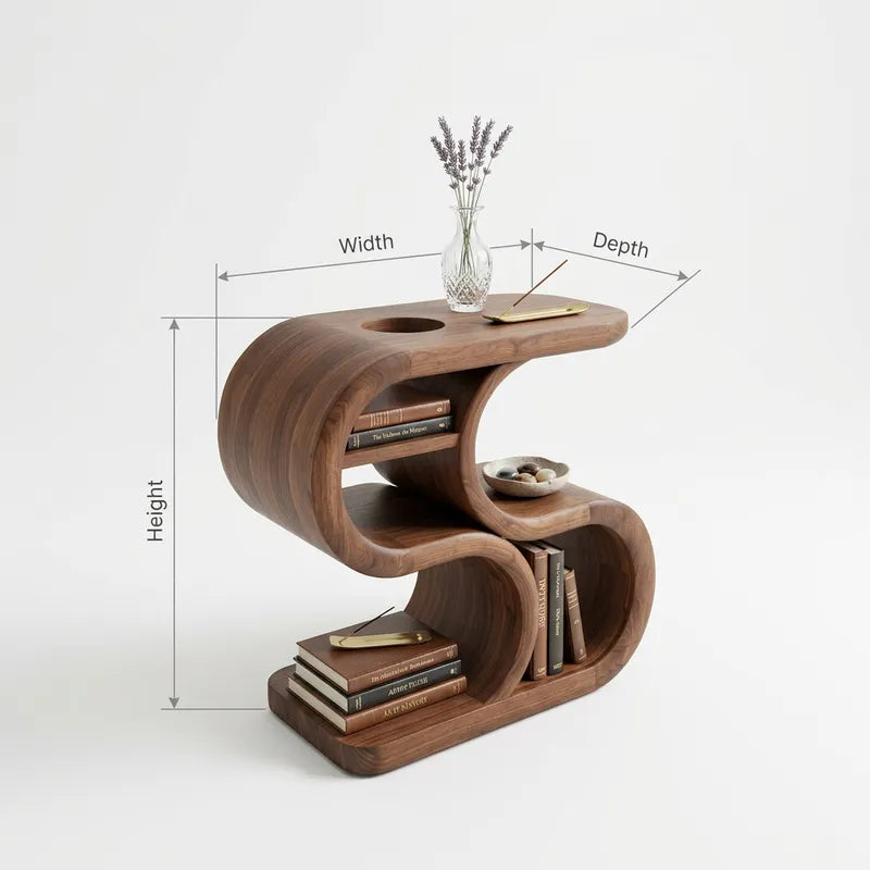 S-Vormige Sculpturale Bijzettafel - Massief Hout met Schappen