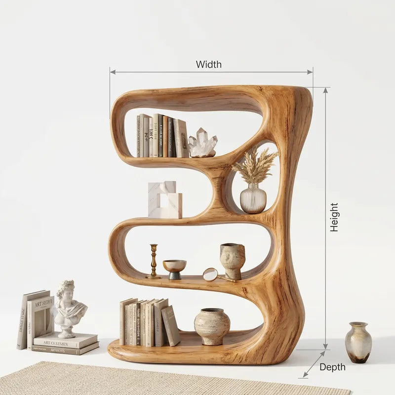 Sculpturale Handgesneden Boekenkast - Organisch Massief Hout