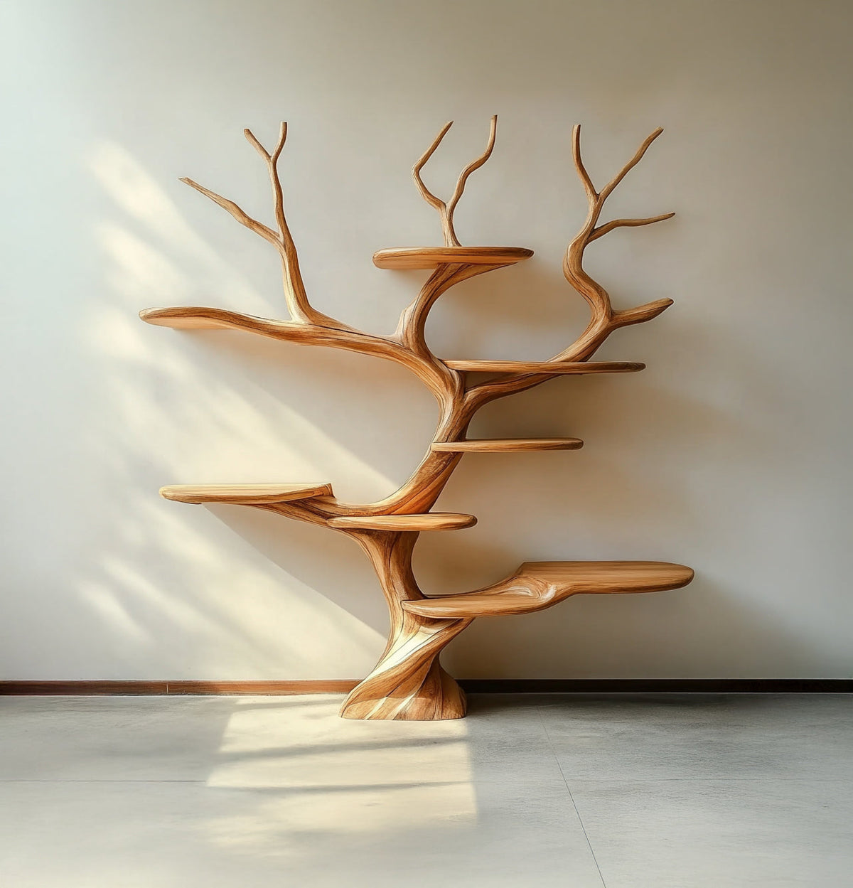 Sculpturale boomboekenplank met artistiek takkenontwerp