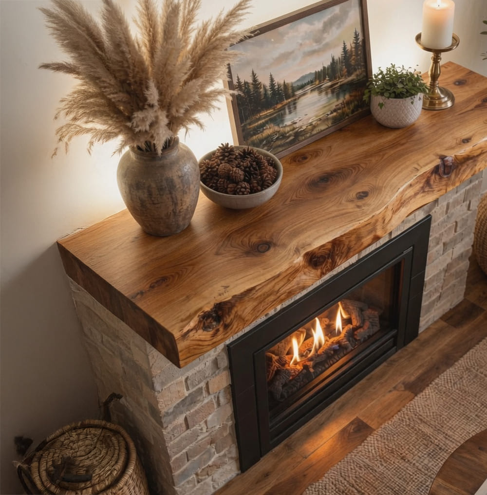 Rustieke houten wandplank met boomrand voor boven de open haard