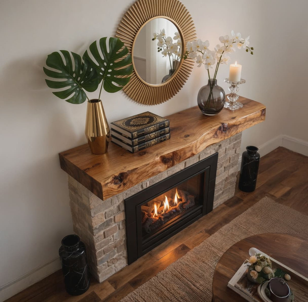 Solid wood live-edge fireplace mantel shelf in a modern living room