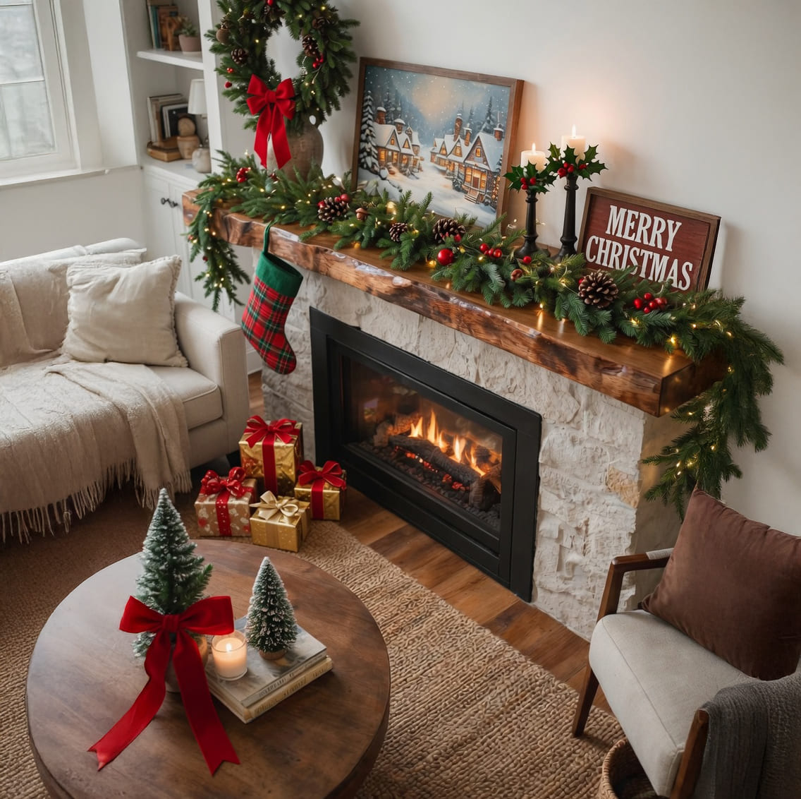 Sculptural live-edge fireplace mantel in a Scandinavian living space