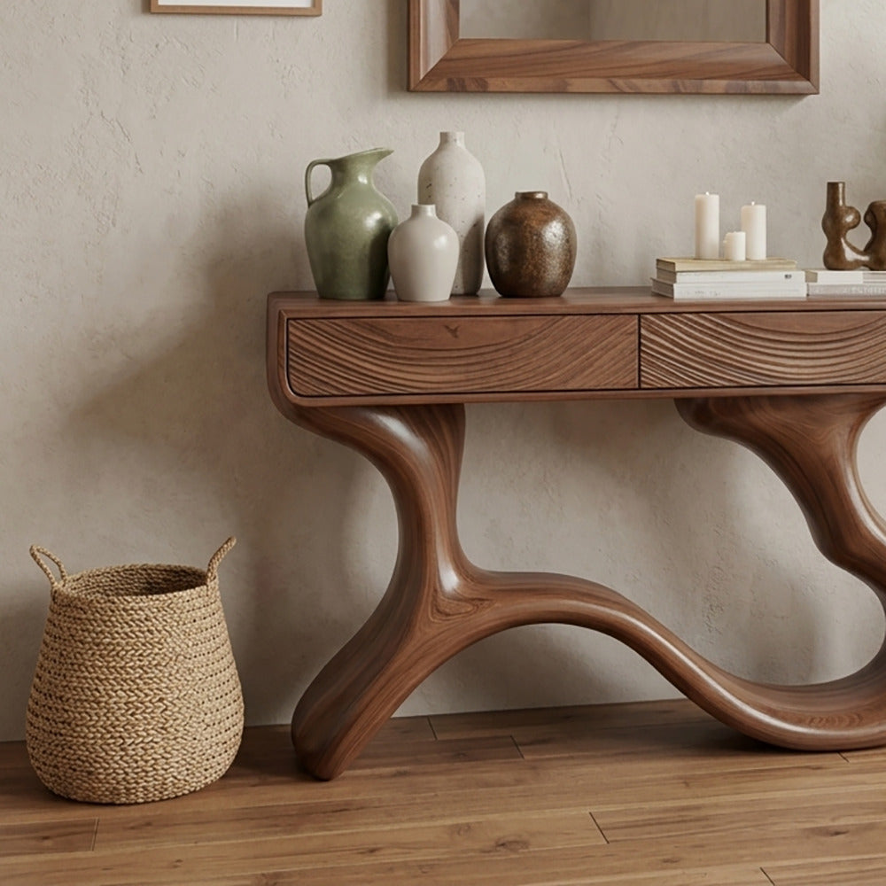 Moderne massief houten consoletafel met verborgen opbergruimte