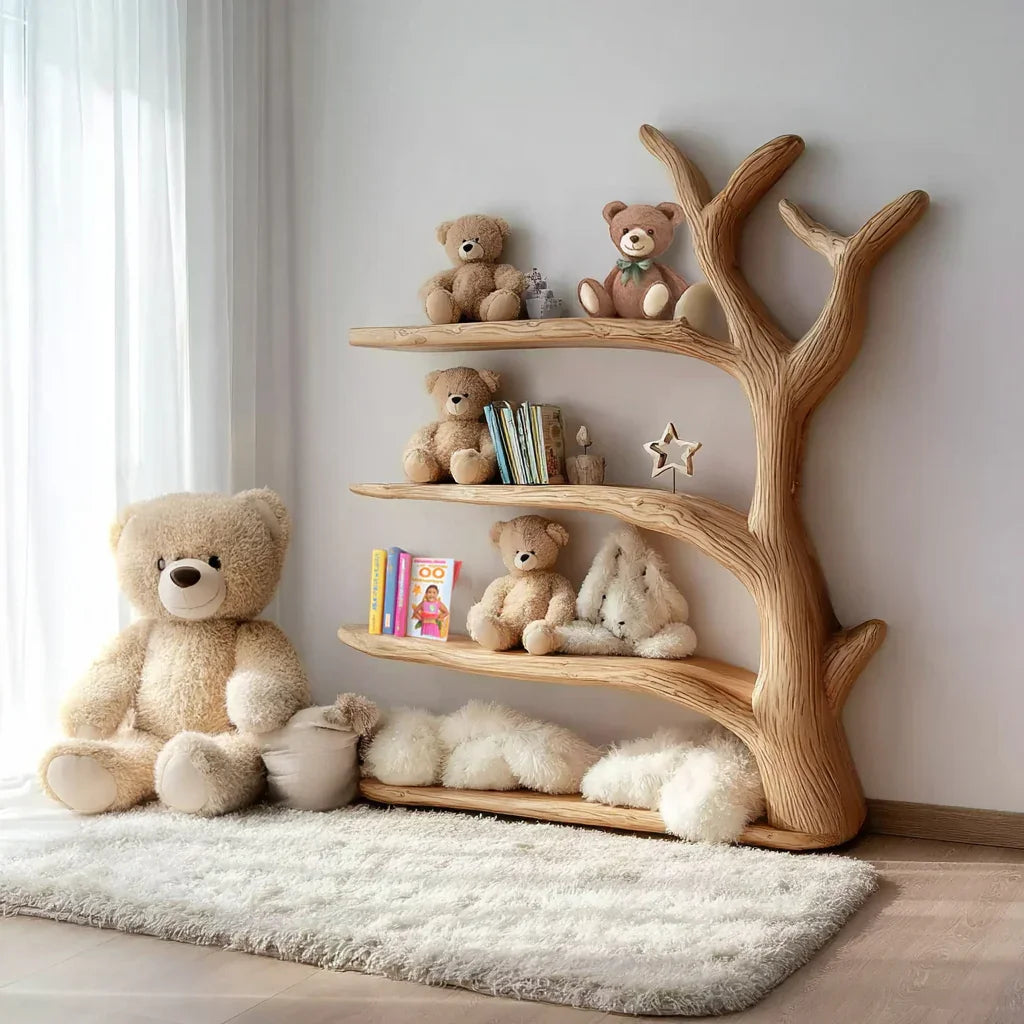 Houten boom wandplank in een babykamer met kinderboeken en speelgoed