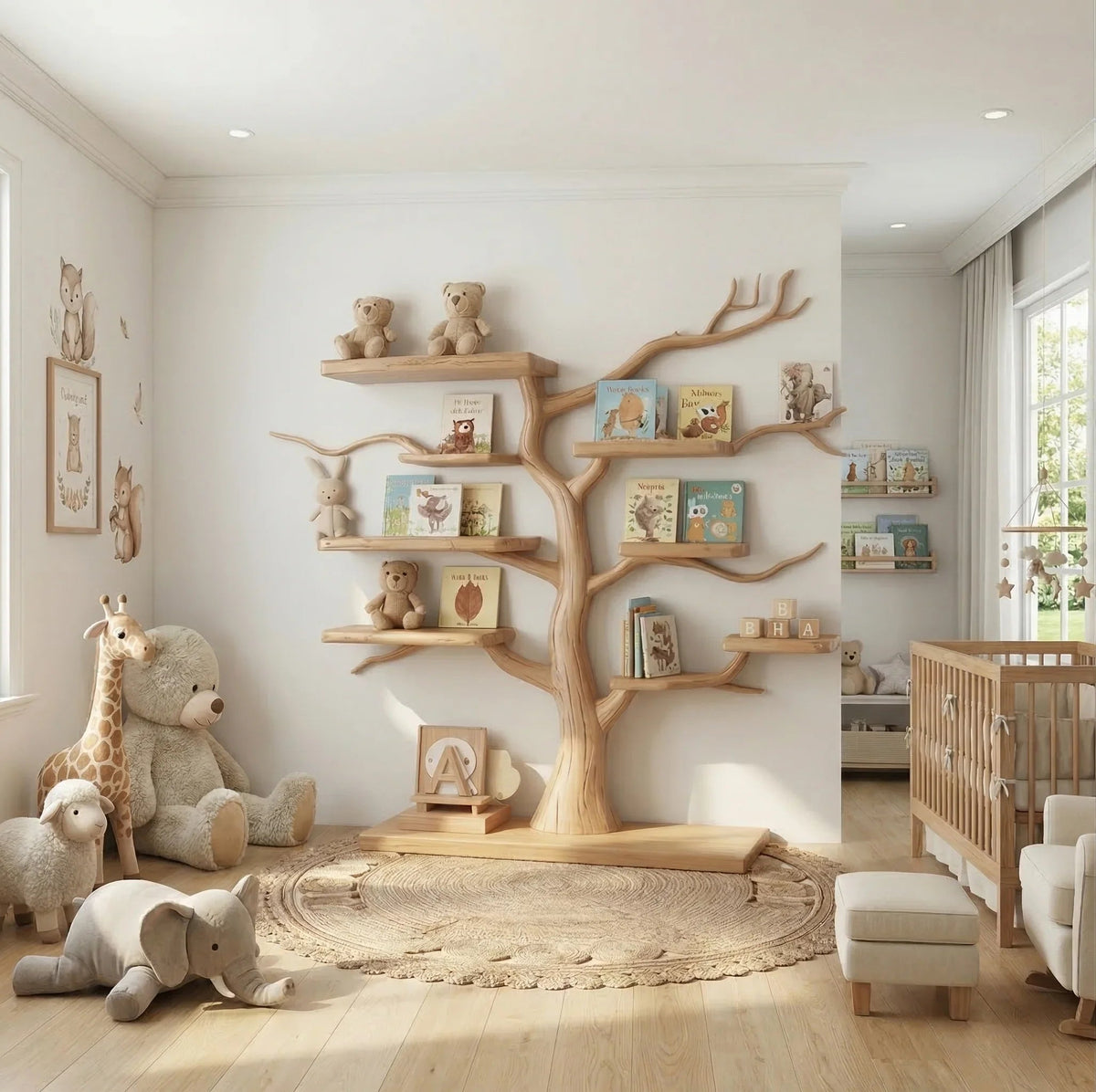 Massief houten kinderboekenplank in de babykamer met boeken en knuffels