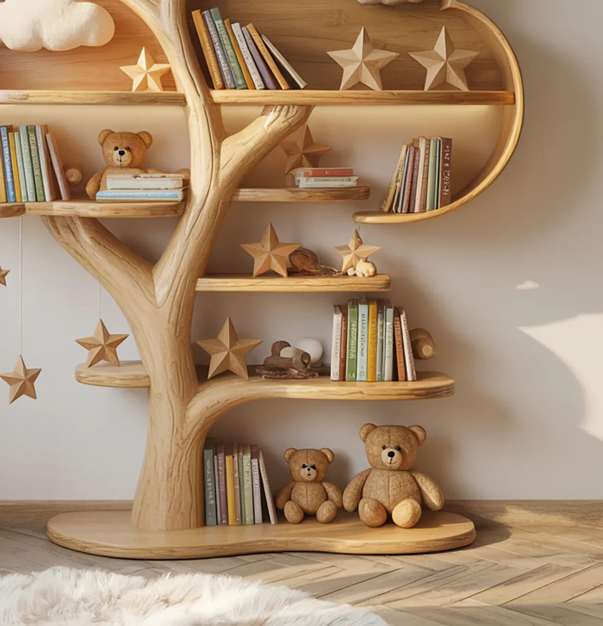 Massief houten kinder boom boekenrek in de babykamer met boeken op de takken