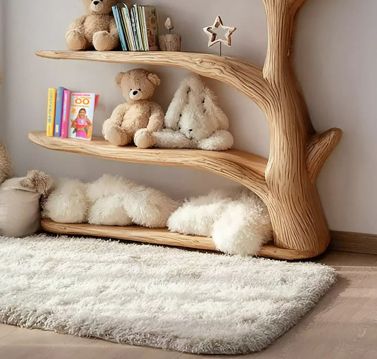 Houten boom wandplank in een babykamer met kinderboeken en speelgoed