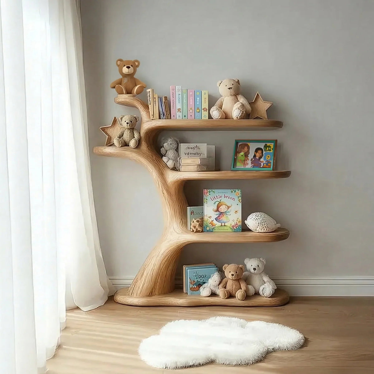 Handgemaakt massief houten wandrek in de kinderkamer met speelgoed en boeken