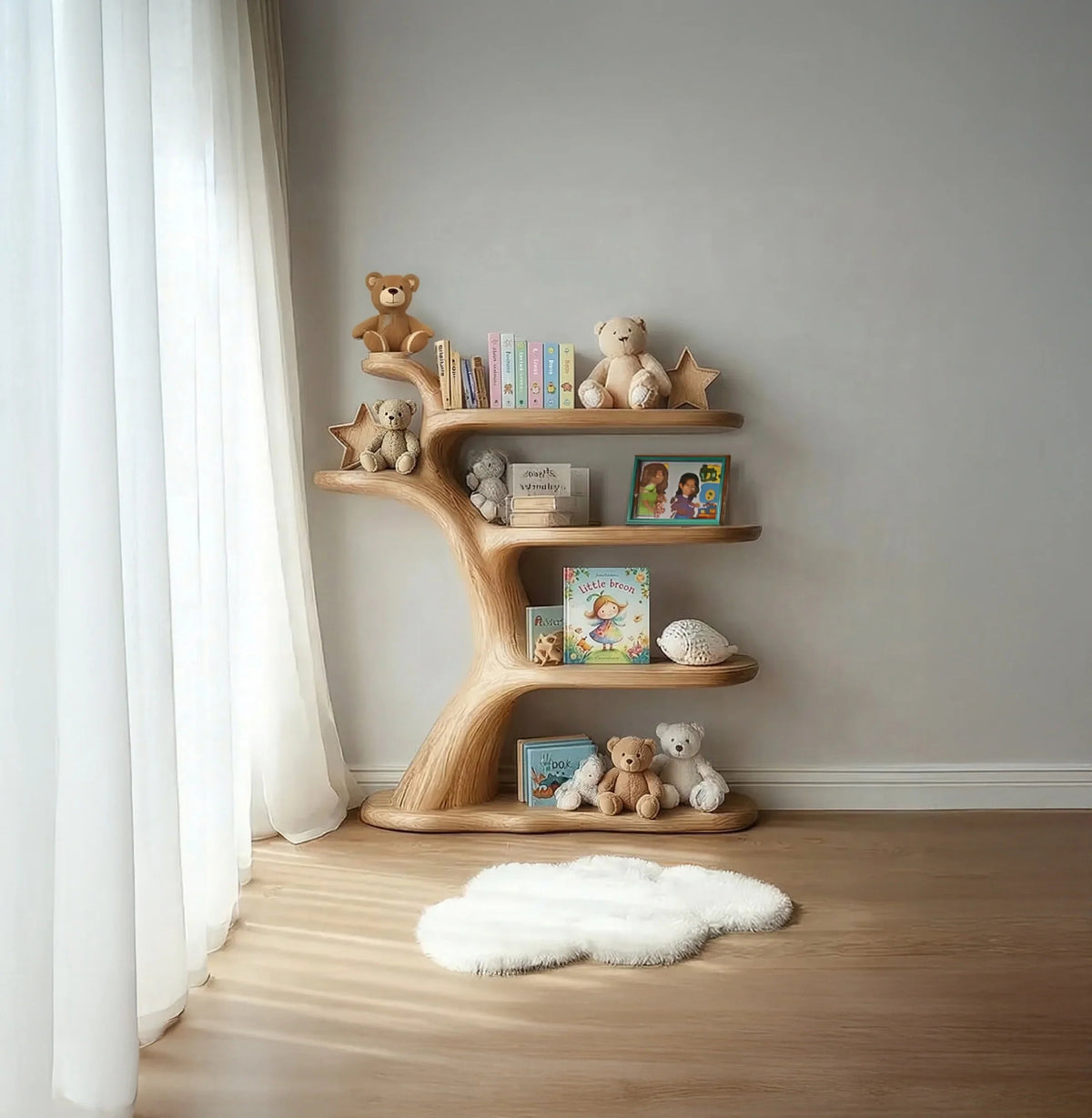 Handgemaakt massief houten wandrek in de kinderkamer met speelgoed en boeken