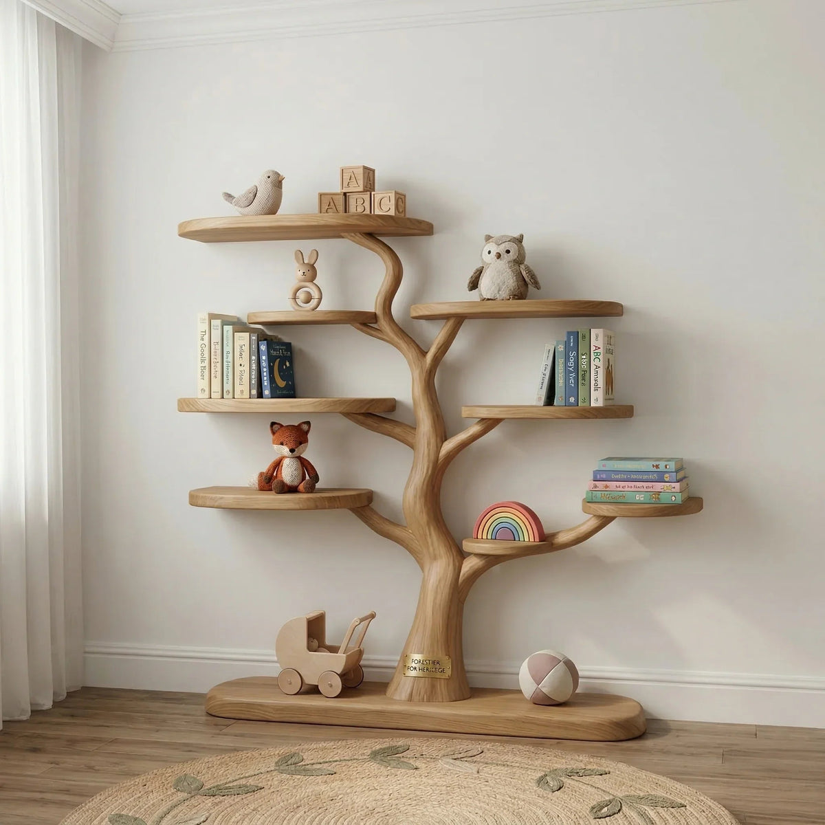 Boomvormige boekenplank voor de kinderkamer met speelgoed en boeken
