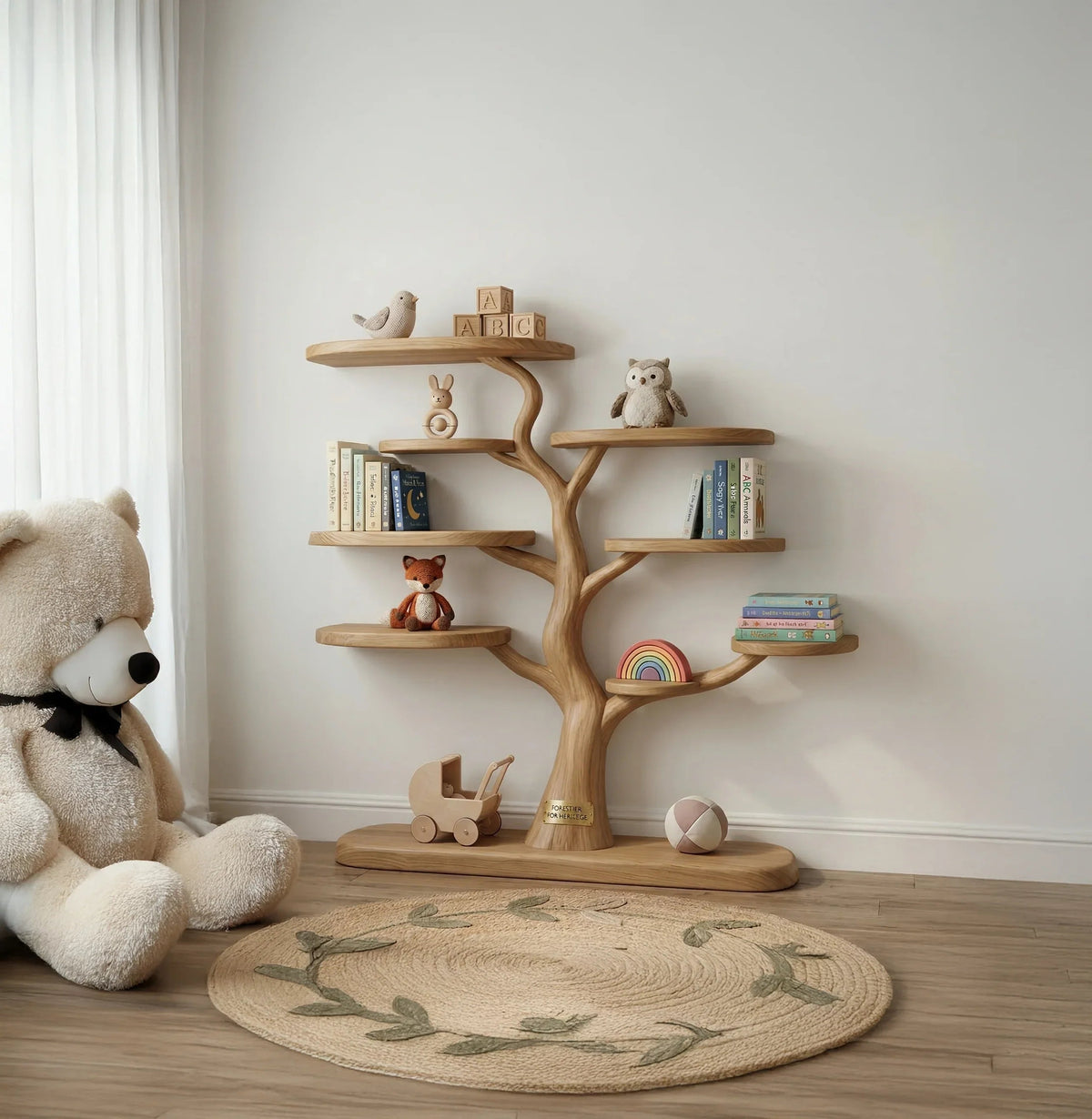 Boomvormige boekenplank voor de kinderkamer met speelgoed en boeken