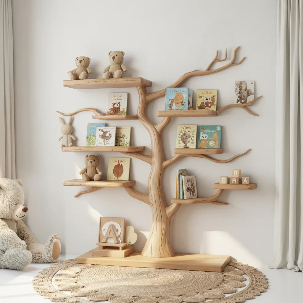 Boomvormige houten boekenplank op jutekleed met kinderboeken en speelgoed