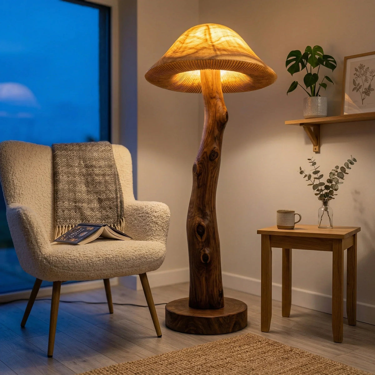 Lichtdoorlatende houten paddenstoel vloerlamp met notenhouten voet in woonkamer