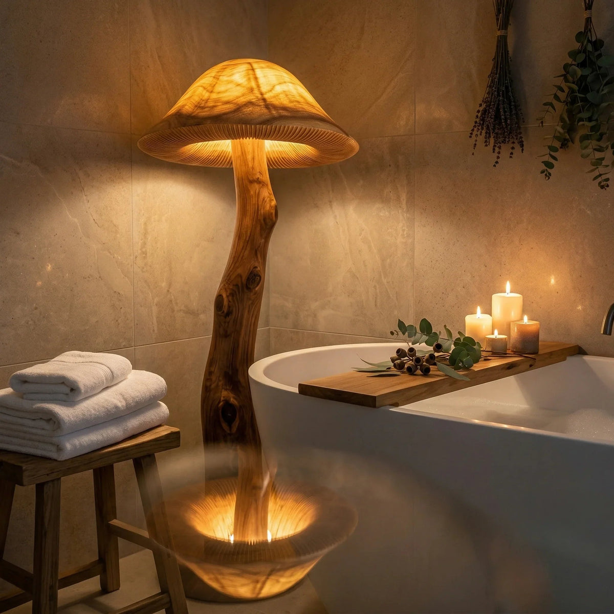 Translucent wood mushroom floor lamp with glowing cap beside a bathtub in a cozy bathroom.