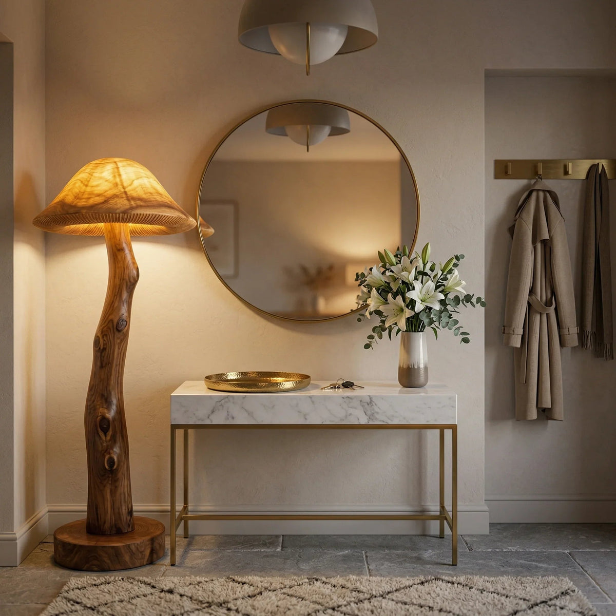 Translucent mushroom-shaped wood floor lamp with glowing cap beside modern entryway table