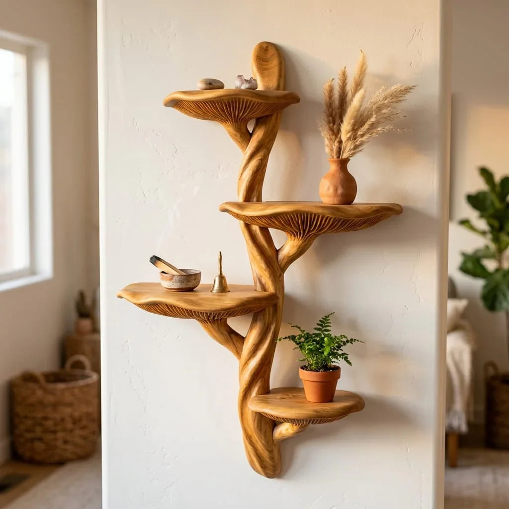 Sculpturale houten wandplank met in elkaar gevlochten dubbele stam en golvende plateaus