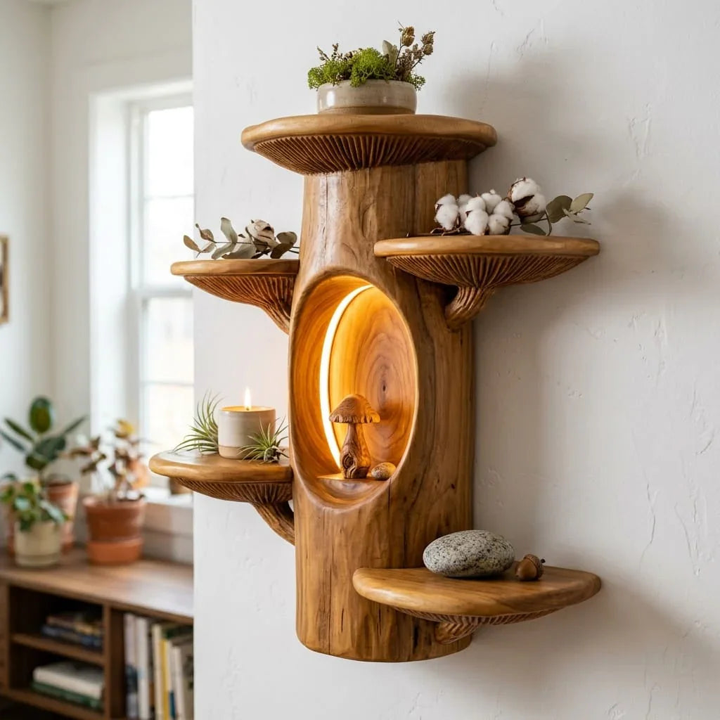 Massief houten paddenstoel boomstam wandplank met geïntegreerde verlichting