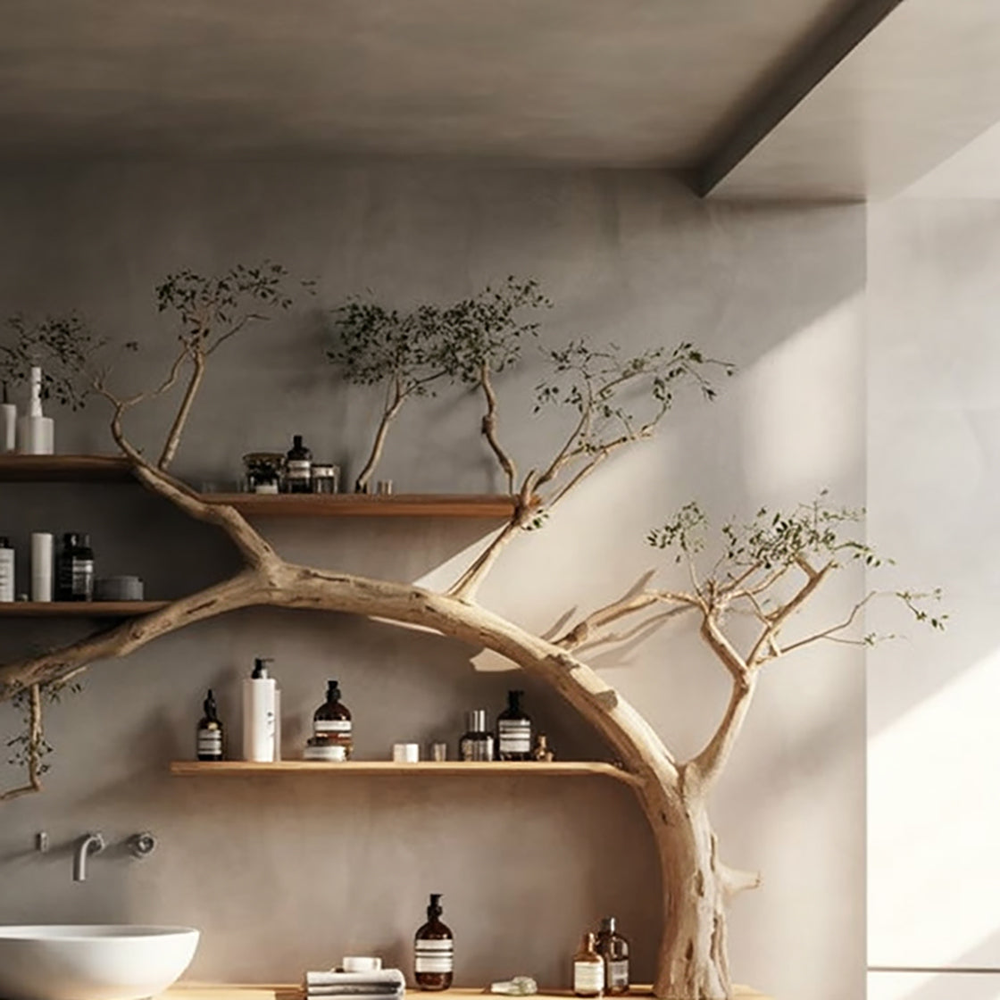 Takken Houten Badkamermeubel met Zwevende Planken – Massief Houten Console